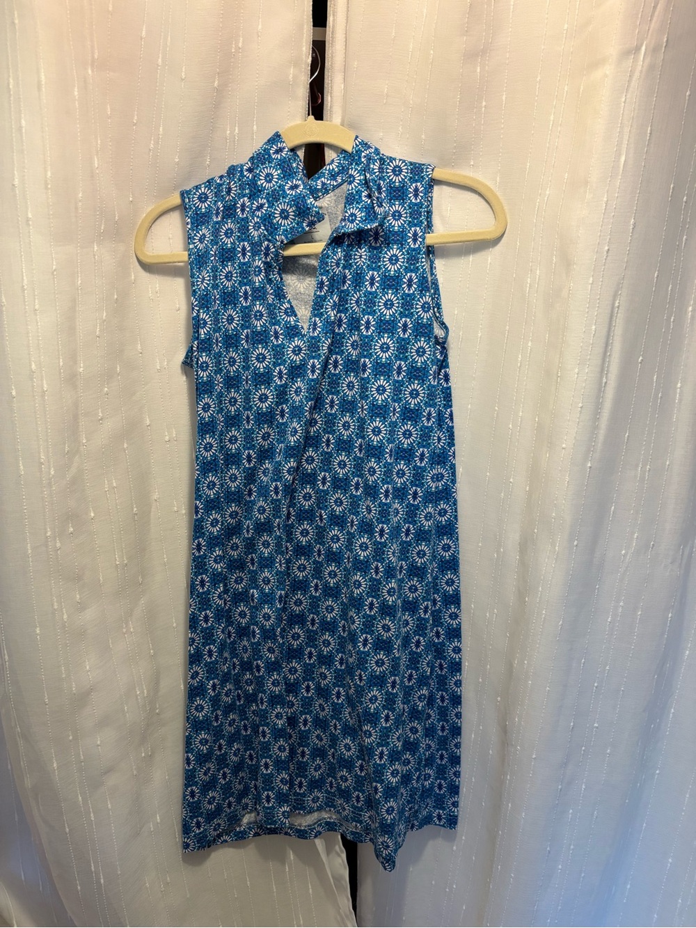 Lee Blue Floral Sleeveless Mock-Collar Mini Dress
